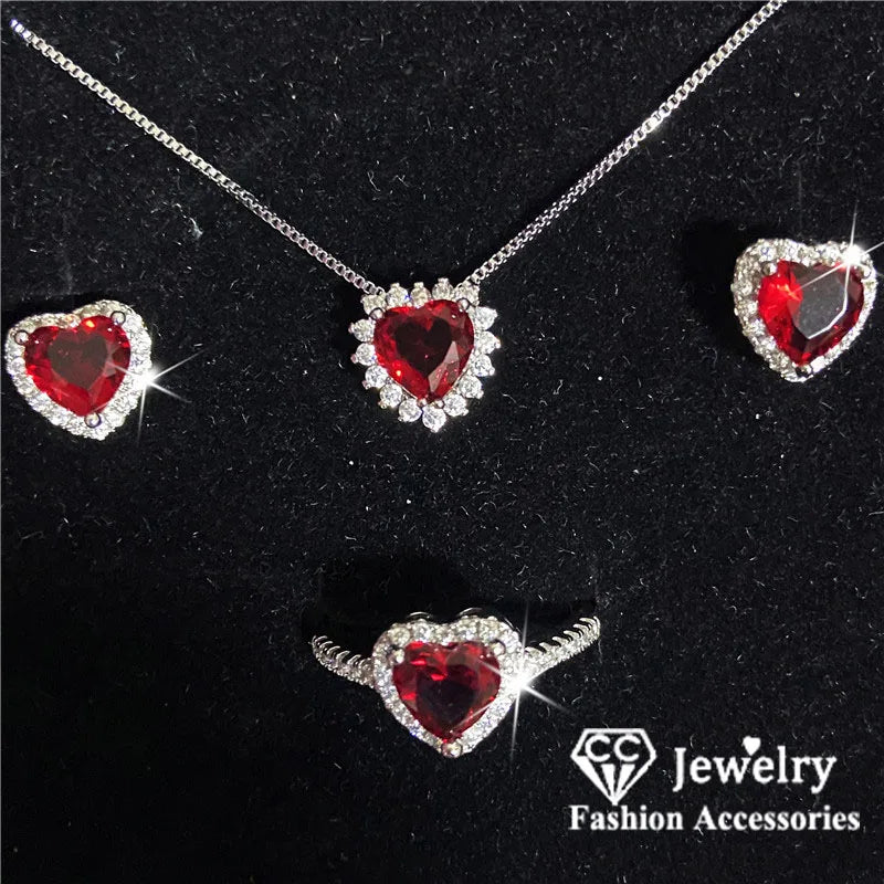 CC Jewelry Sets Red Heart Zirconia Necklace Earring Ring Set for Women Fine Jewelry Fashion Accessories Luxury Gift