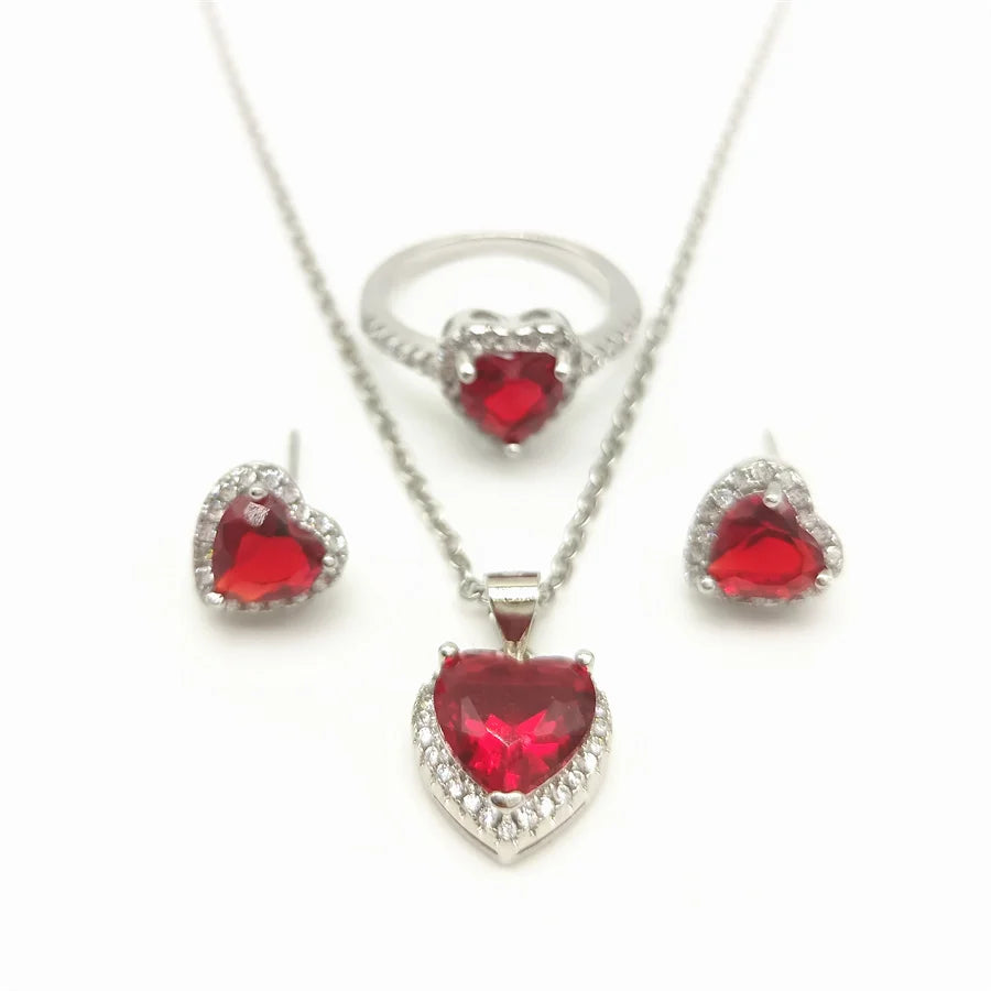 CC Jewelry Sets Red Heart Zirconia Necklace Earring Ring Set for Women Fine Jewelry Fashion Accessories Luxury Gift