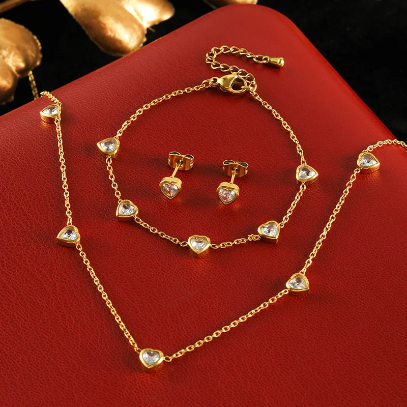 Conjunto Coração Elegante - Colar, Pulseira e Brincos