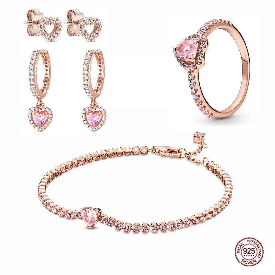 Conjunto Coração Brilhante - Pulseira, Anel e Brincos em Prata 925