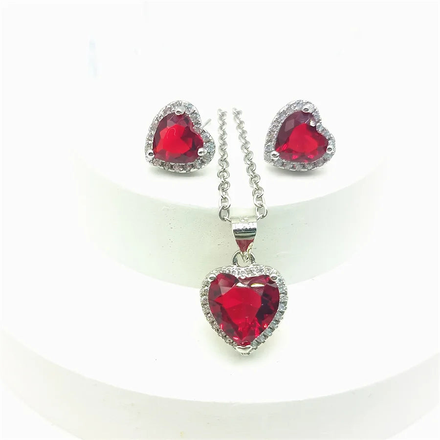 CC Jewelry Sets Red Heart Zirconia Necklace Earring Ring Set for Women Fine Jewelry Fashion Accessories Luxury Gift