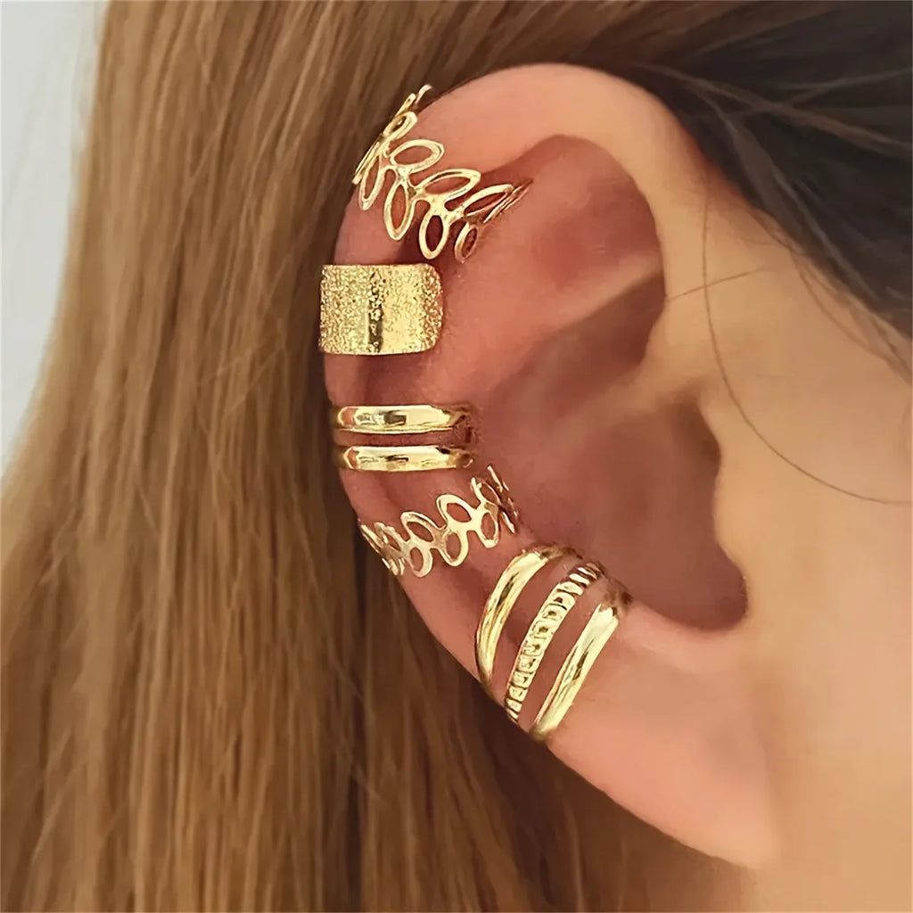 5pcs/set Trendy Elegant Design Ear Cuff Classic Elegant Style Gifts Women's No Piercing Clip silver Earrings Circle Leaf Shaped