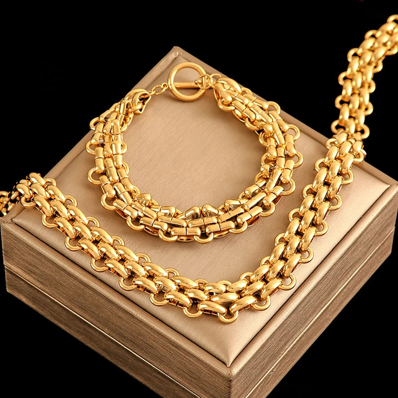 Conjunto Corrente Cubana Dourada - Colar e Pulseira À Prova D'água