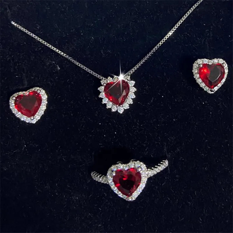 CC Jewelry Sets Red Heart Zirconia Necklace Earring Ring Set for Women Fine Jewelry Fashion Accessories Luxury Gift